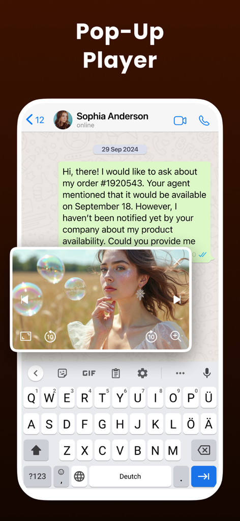 Video Player - All Formats - iPhone screen showing a video playing in a floating pop-up window over a chat interface.