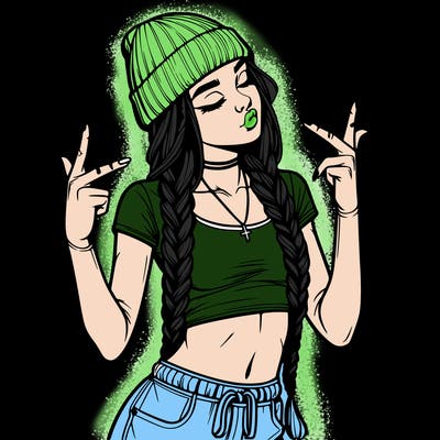 realistic teenage girl with braids and a beanie and crop top doing 🫶🏼