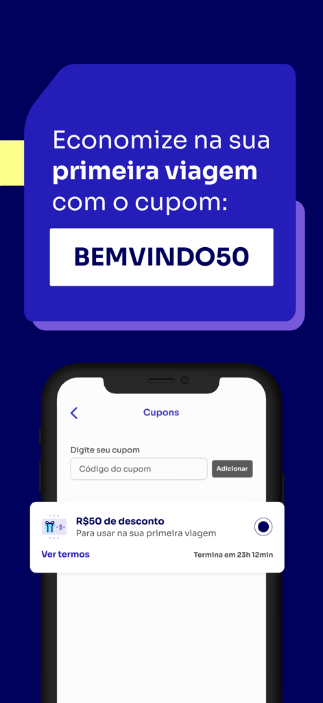 Turbi - Aluguel de Carros 24h - Promotion screen for the Turbi car rental app offering a 50 reais discount on the first trip using a coupon code
