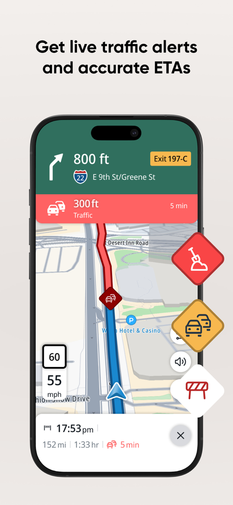 TomTom - Maps & Traffic - TomTom GPS navigation app showing live traffic alerts and accurate ETAs on an iPhone screen.