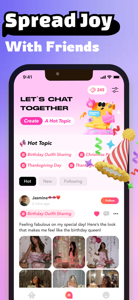 Getti - Live Call, Girls Chat - Getti app screen showing trending hot topics like birthday outfit sharing and user festive photos