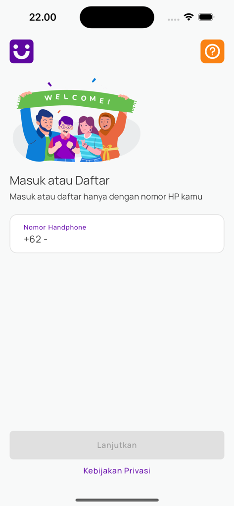 BRI Ceria - Tela de login e registro para o aplicativo BRI Ceria com um campo de entrada de número de telefone