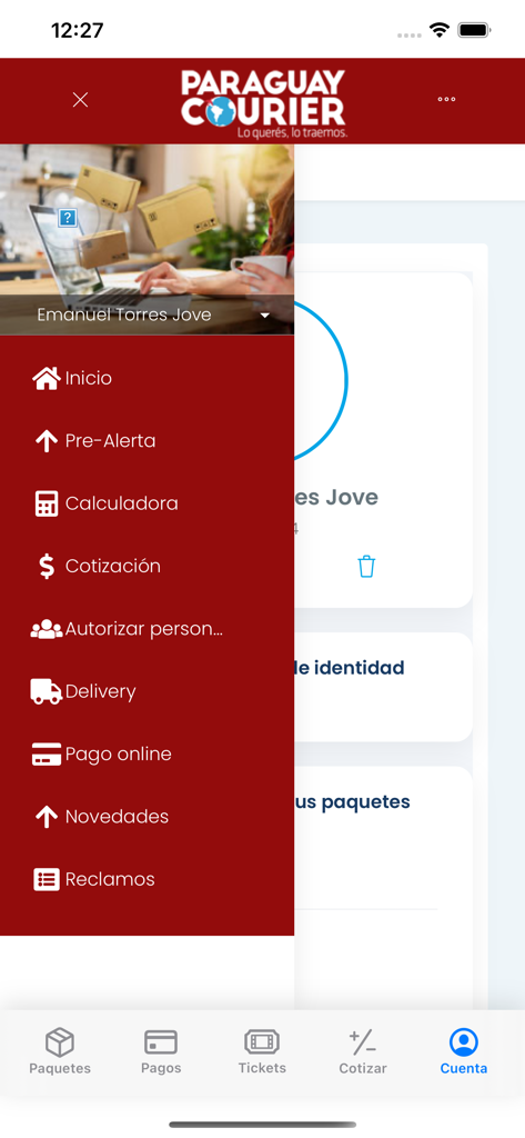Paraguay Courier SRL - Side navigation menu of the Paraguay Courier mobile app showing features like shipping pre-alerts and online payments