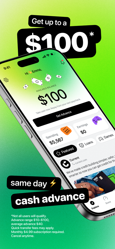 True Finance app interface showing a 100 dollar same day cash advance offer and spending dashboard.