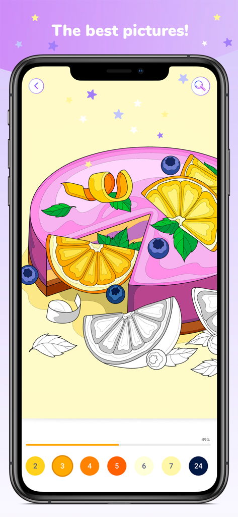 Art Collection Color by Number - Una pantalla de juego de colorear que muestra un pastel colorido con rodajas de naranja y arándanos en la aplicación Art Collection Color by Number