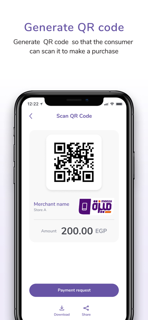 EasyCash Merchant - Smartphone exibindo o aplicativo EasyCash Merchant gerando um código QR para o pagamento de um cliente