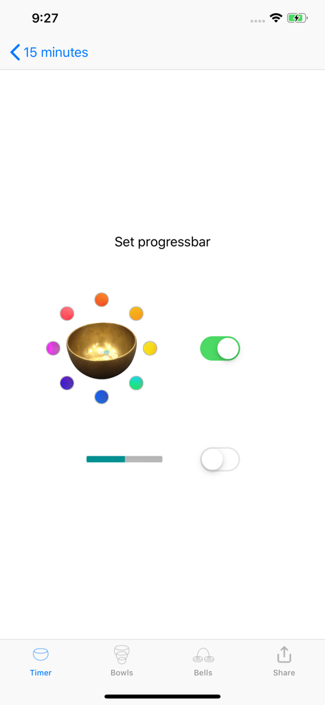 Settings screen of Meditation Timer Plus app showing a Tibetan singing bowl icon and session customization options