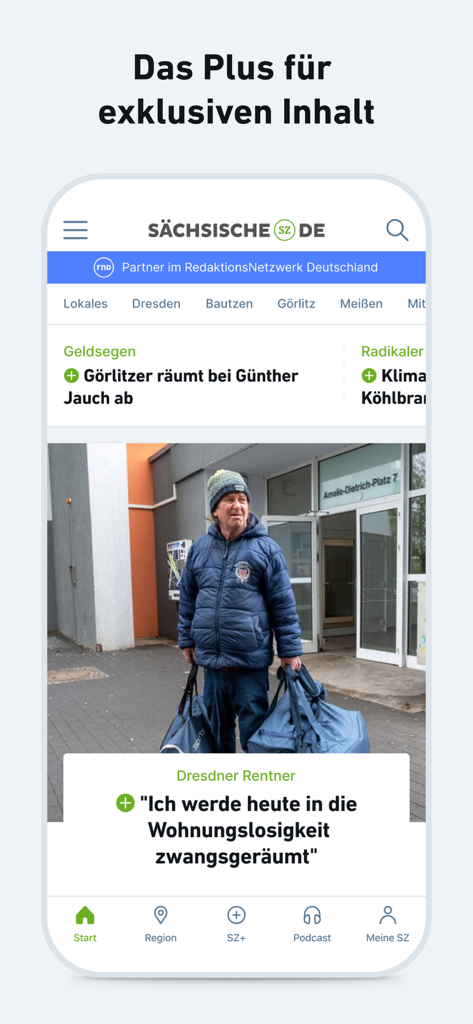 Tela de smartphone exibindo artigos de notícias locais e menu de navegação para o aplicativo Saechsische Zeitung