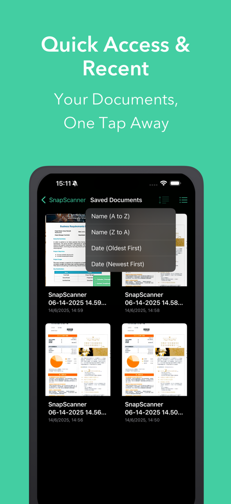 SnapScanner+ PDF, Docs & Cards - 모바일 앱 화면, 정렬 메뉴가 있는 저장된 PDF 문서 갤러리 표시