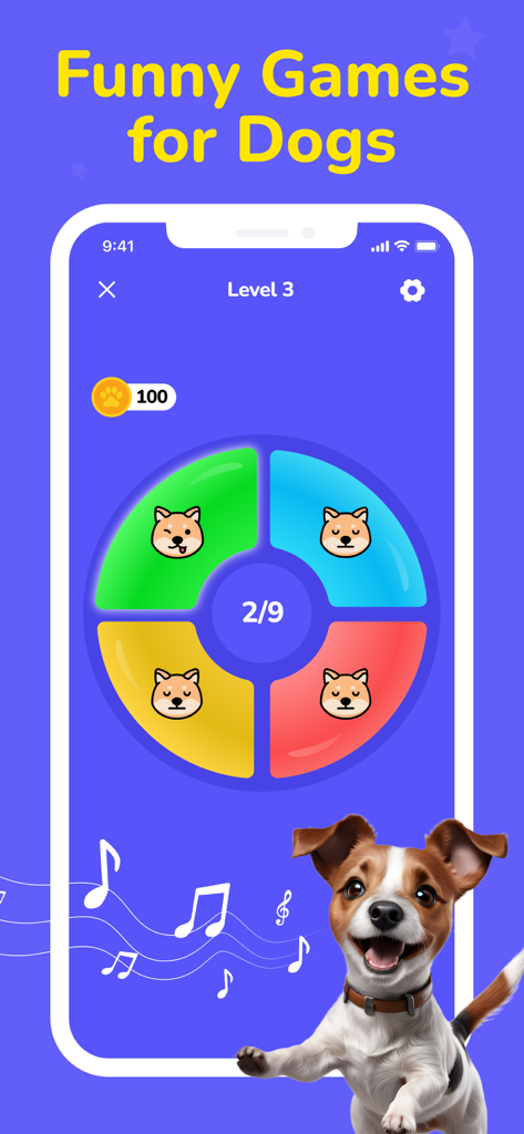 Dog Translator - Games for Dog - カラフルなホイールと幸せそうな子犬が表示された、犬のための面白いゲームのモバイルアプリのインターフェース。