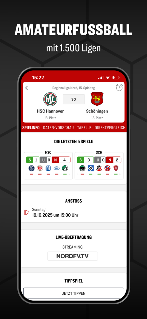 kicker Fußball News - Kicker app interface showing amateur football match details and stats for Regionalliga Nord