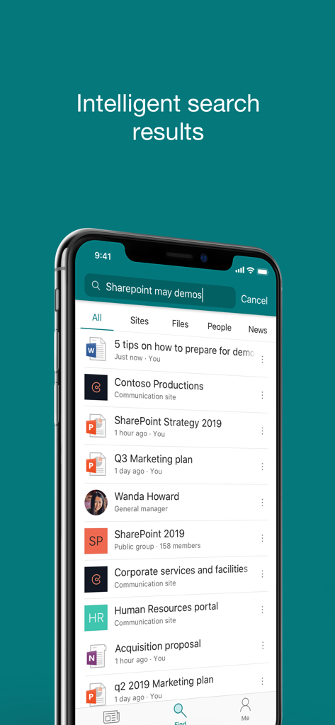 Interface do aplicativo móvel Microsoft SharePoint exibindo resultados de busca inteligente para documentos, pessoas e sites corporativos