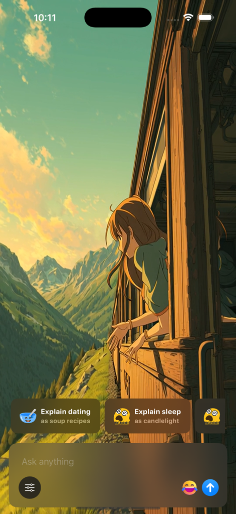 ChatBae AI - Ask Anything - ChatBae AI app interface featuring an anime style background of a girl on a train with a chat input box