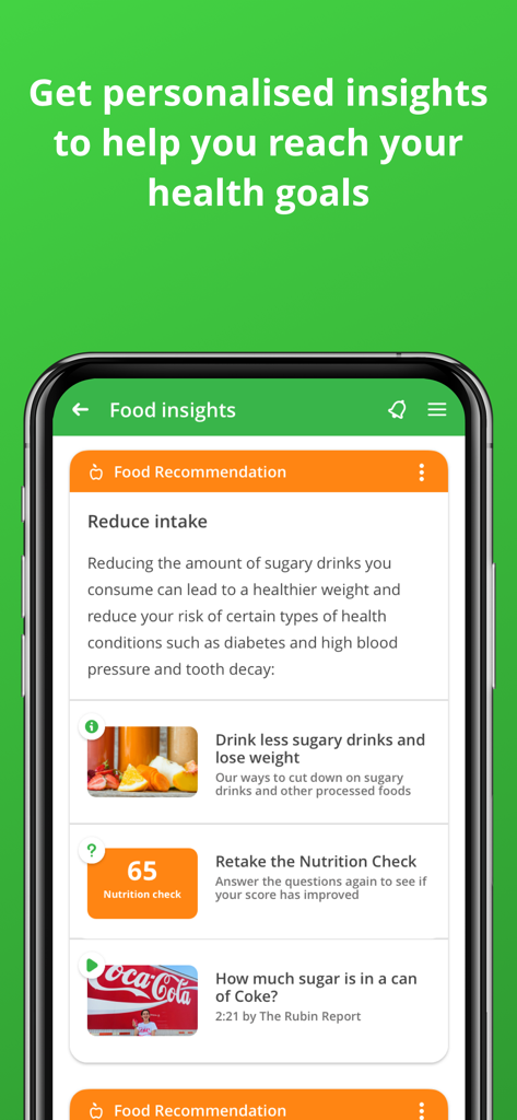 Evergreen Life PHR - Evergreen Life PHR app food insights screen showing nutrition recommendations and wellness tips