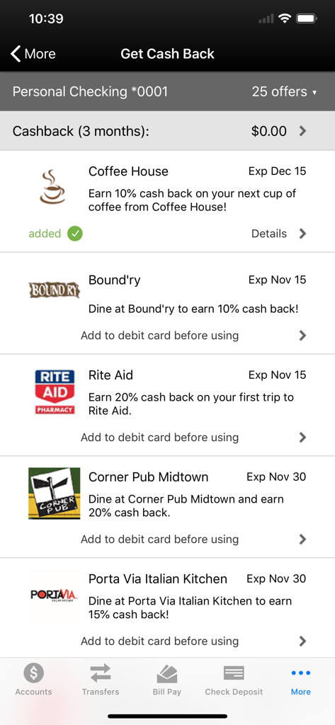 Capture d'écran de l'application mobile Neches Federal Credit Union montrant diverses offres de remboursement et promotions de détaillants.