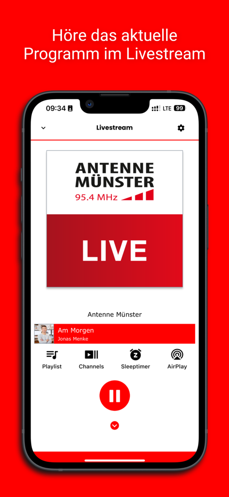 ANTENNE MÜNSTER - Livestream-Oberfläche der Antenne Muenster Radio-App mit Live-Wiedergabesteuerungen und der aktuellen Morgensendung.