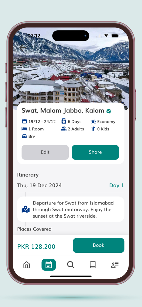 Porter Pakistan - Interface do aplicativo móvel Porter Paquistão exibindo um itinerário de viagem de 6 dias para Swat e Kalam com detalhes de reserva e preços.