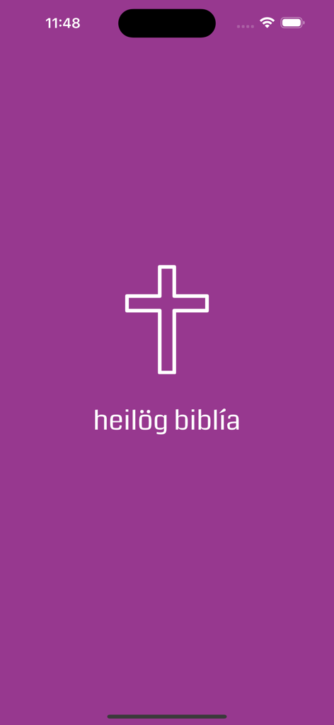 Splash screen of the Icelandic Bible app featuring a white cross and the text heilög biblía on a purple background