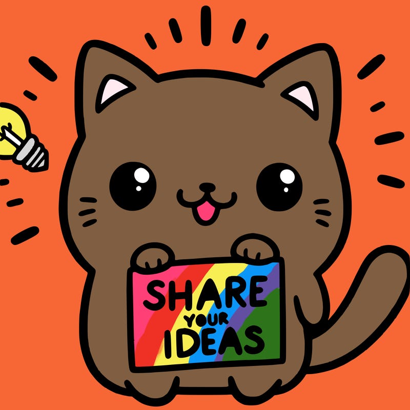 a cute cat saying share your ideas