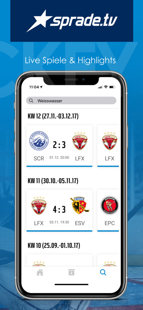 SpradeTV - SpradeTV 모바일 앱 인터페이스에 독일 하키 경기 점수 및 일정을 보여주는 모습
