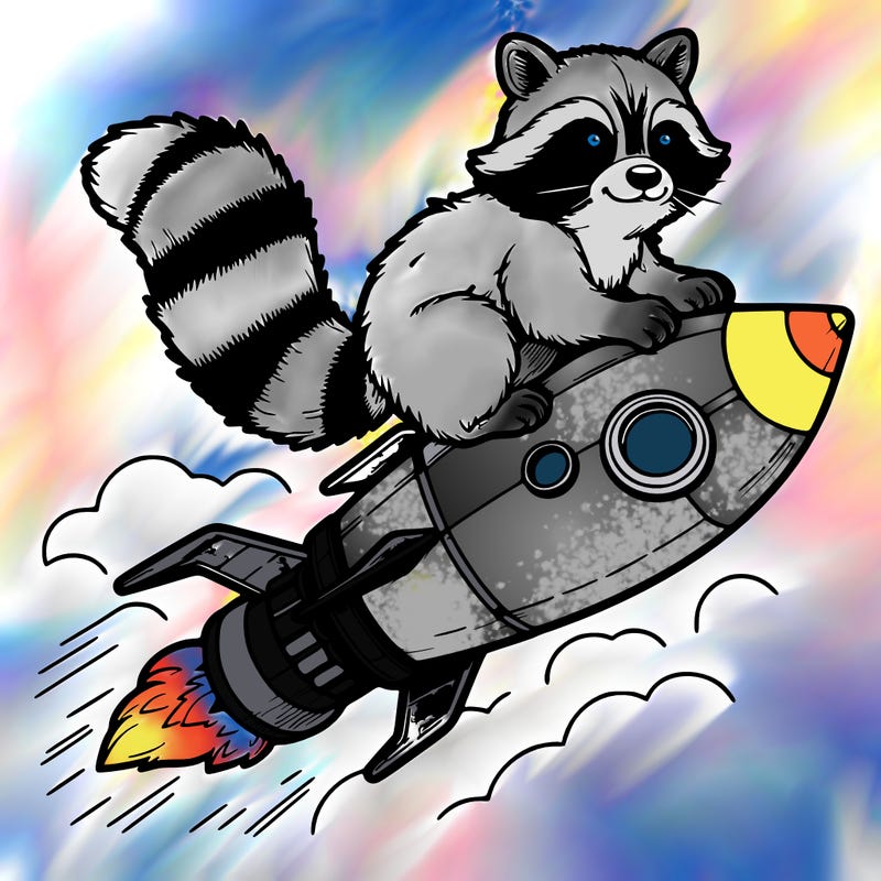 realistic raccoon flying on top rocket ship