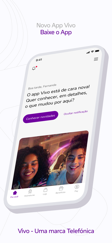 Interfaccia della schermata principale della nuova app Vivo che mostra la navigazione dei servizi e un saluto personalizzato