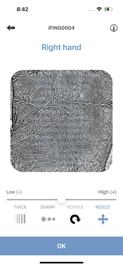 iFING Scanner - Interface of the iFING Scanner app showing a high-contrast palmprint scan with options to adjust sharpness and thickness