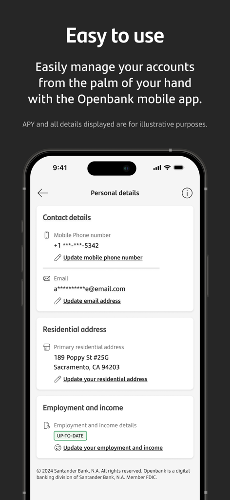 Openbank U.S. app interface showing the personal details screen with contact and address information