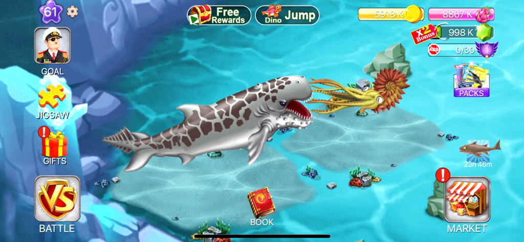 Prehistoric sea creatures swimming in the Dino Water World mobile game