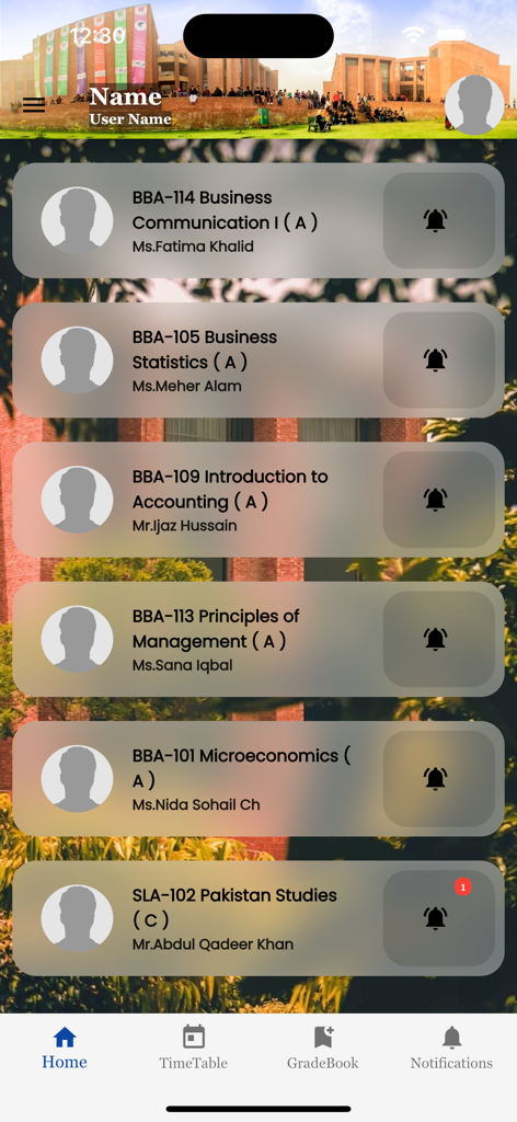 BNU CMS - BNU CMS home screen showing a list of student courses with instructor names and navigation menu