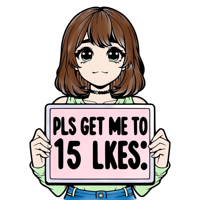 realistic girl holding up a sign that says “pls get me to 15 likes!”