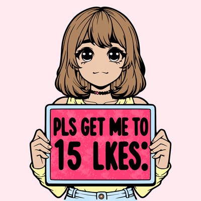 realistic girl holding up a sign that says “pls get me to 15 likes!”