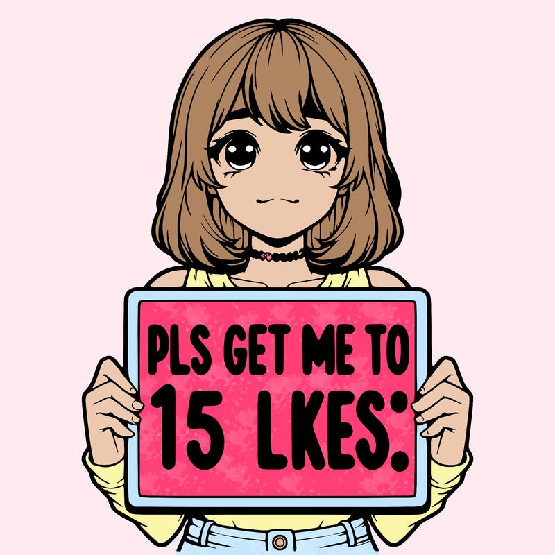 realistic girl holding up a sign that says “pls get me to 15 likes!”