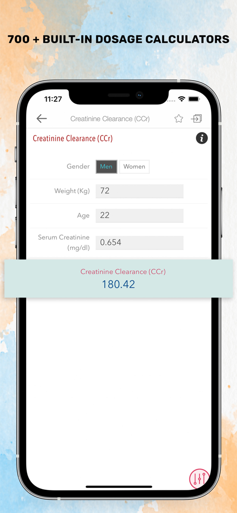 Davis’s Drug Guide for Nurses - Screenshot of the Davis Drug Guide for Nurses app showing a creatinine clearance dosage calculator interface