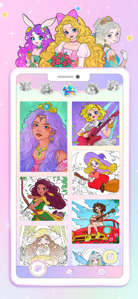 Princess Game Fantasy Coloring - Uno schermo di telefono cellulare che mostra una galleria di pagine da colorare di principesse e creature fantastiche diverse, tra cui un arciere, un chitarrista e una strega.