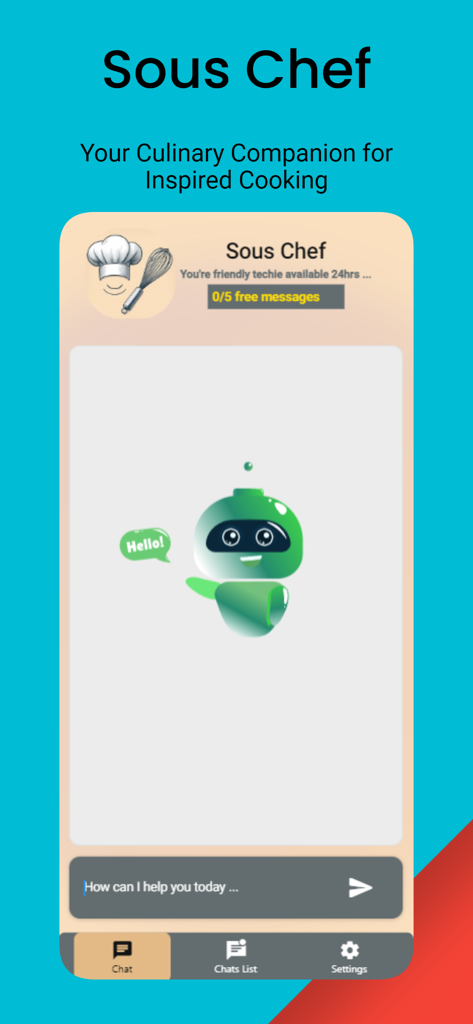 Interface do assistente AI Sous Chef apresentando um mascote robô verde amigável e uma caixa de chat para conselhos de culinária.