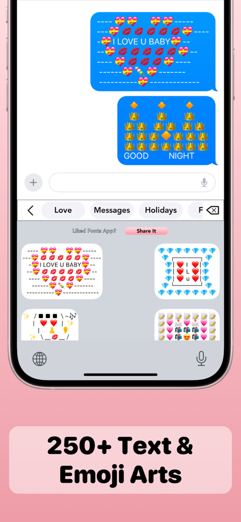 Fonts App - Cool Font Keyboard - A mobile interface showcasing creative emoji and text art designs for messages like I Love You Baby and Good Night.