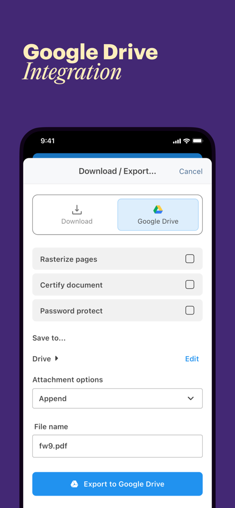 Interfaccia dell'app DocHub che mostra l'integrazione con Google Drive per l'esportazione di file PDF.
