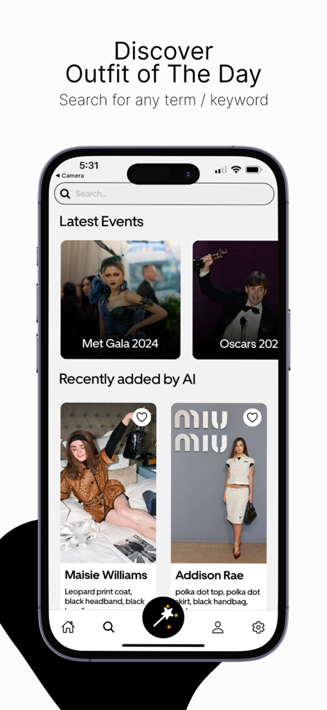 Outfit Check - Fashion Finder - Outfit Check app interface showing celebrity fashion discovery and outfit of the day inspiration