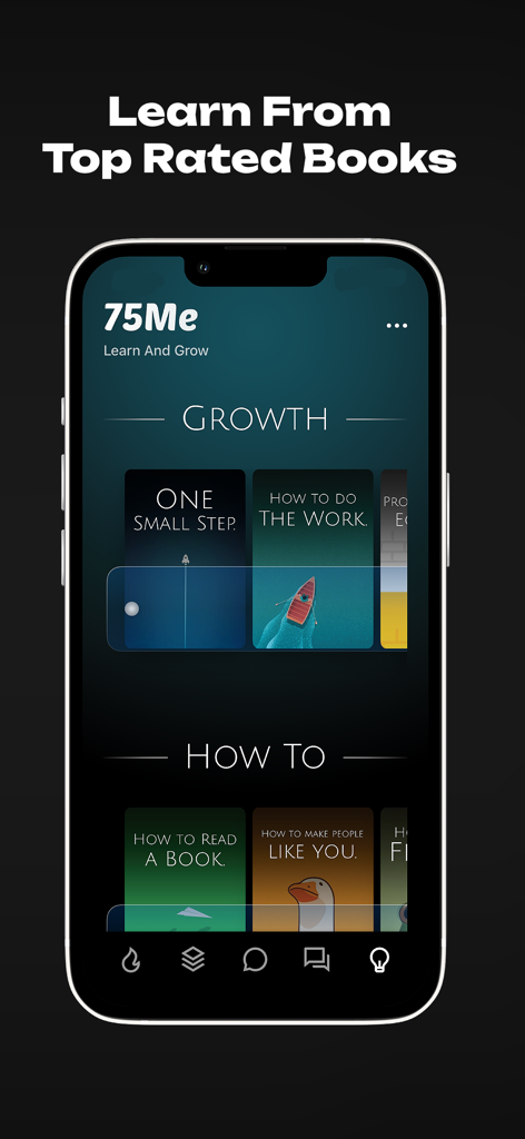 75Me app screen displaying personal growth and how-to book summaries.