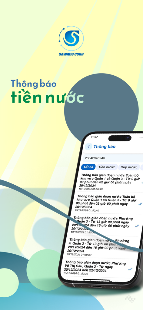 Pantalla de teléfono inteligente que muestra notificaciones de servicio de agua y alertas de facturas de la aplicación SAWACO CSKH.