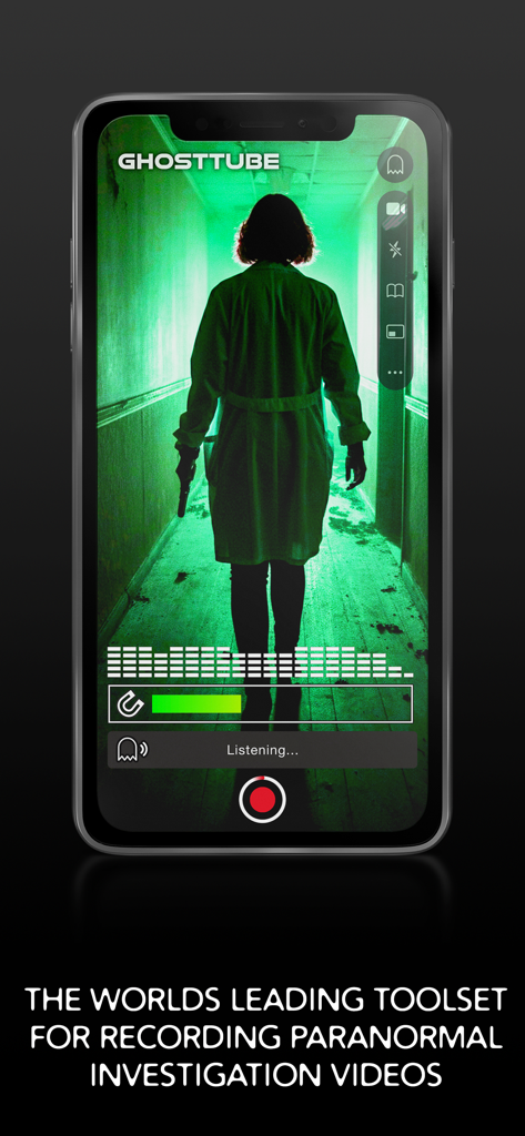 GhostTube - GhostTube app interface displaying night vision video recording with EMF sensor and audio spectrum overlays during a paranormal investigation