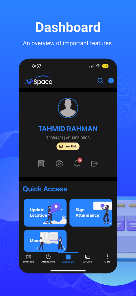 APSpace - APSpace app dashboard showing student profile and quick access campus features