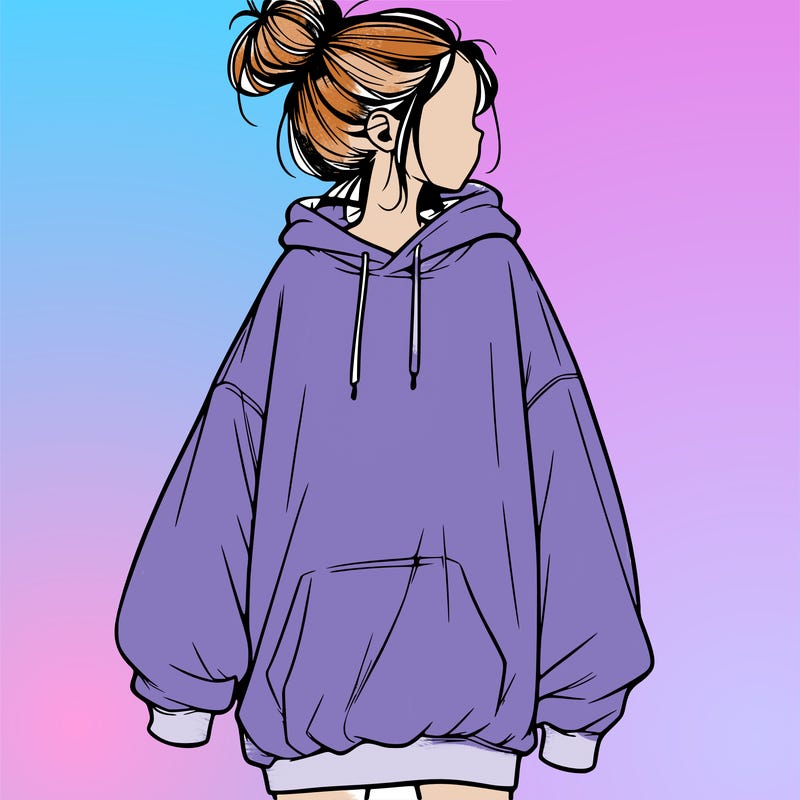 realistic girl with a oversized sweatshirt on and a bun