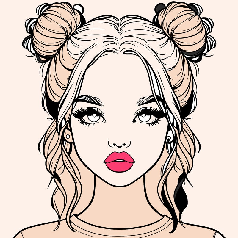realistic girl with two buns in hair and lips