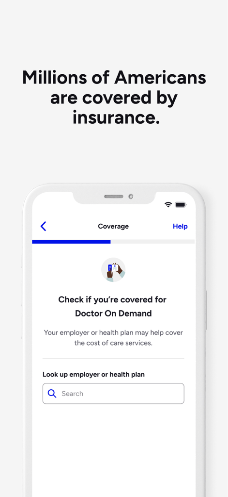 Doctor On Demand - A smartphone showing the insurance coverage check screen in the Doctor On Demand app.