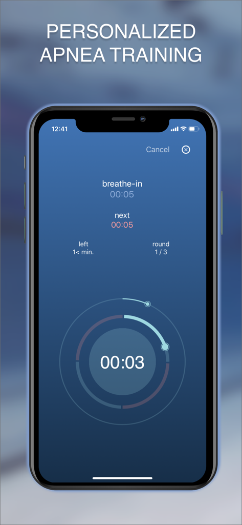 STAmina Apnea Trainer - Interface of the STAmina Apnea Trainer app showing a breathing exercise timer with round and time indicators.