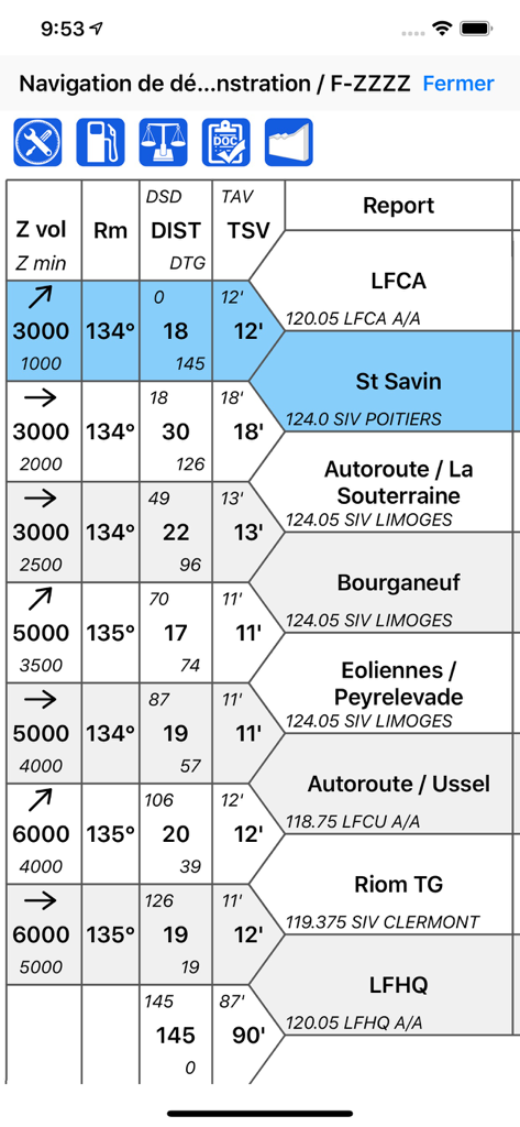 SDVFR - SDVFR mobile app interface displaying a flight navigation log with waypoints and aeronautical data