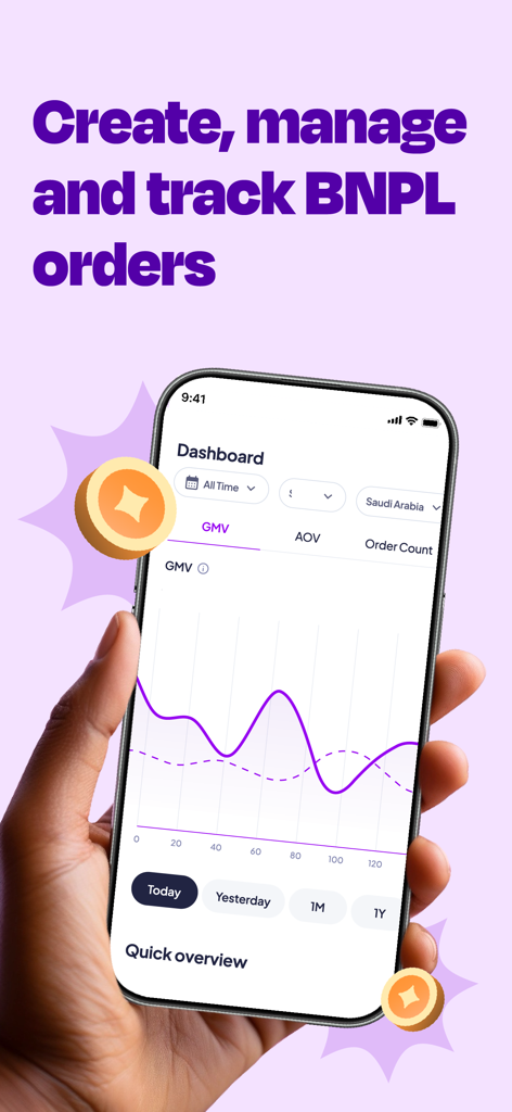 A person holding a smartphone showing the Tamara Business dashboard with BNPL order analytics and graphs