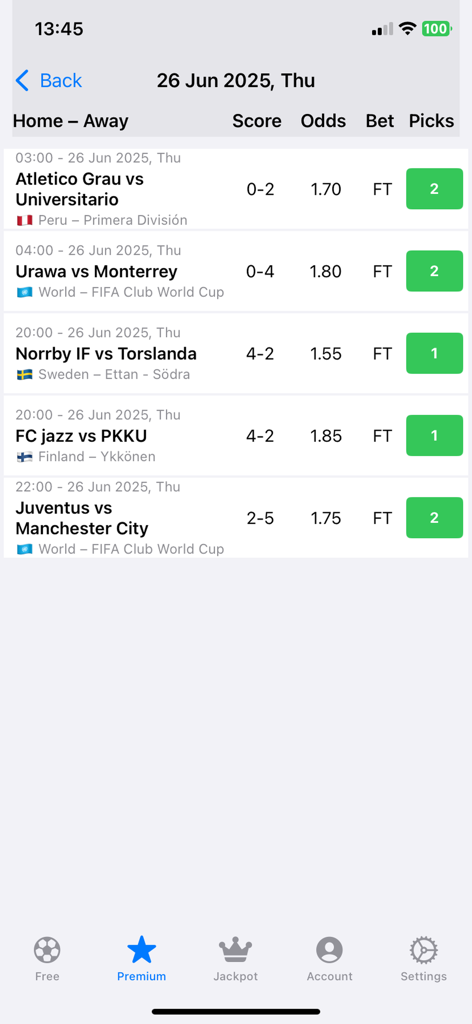Soccer Platform app interface showing match scores, odds, and premium predictions